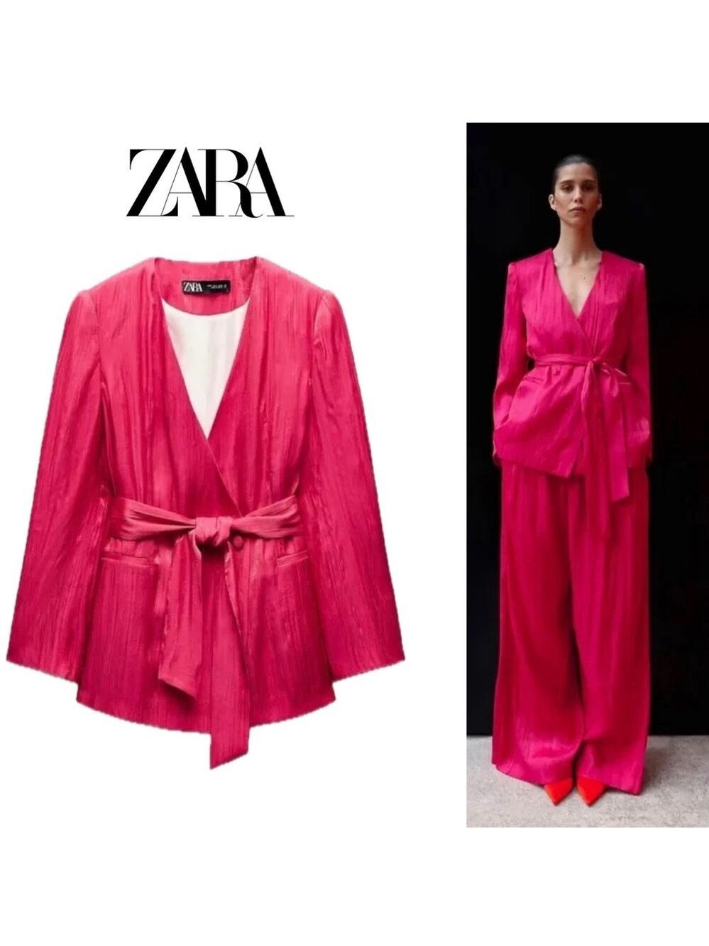 ZARA Women's Blazer double breasted Wrinkled Belted fuchsia Hot Pink NWOT Sz L